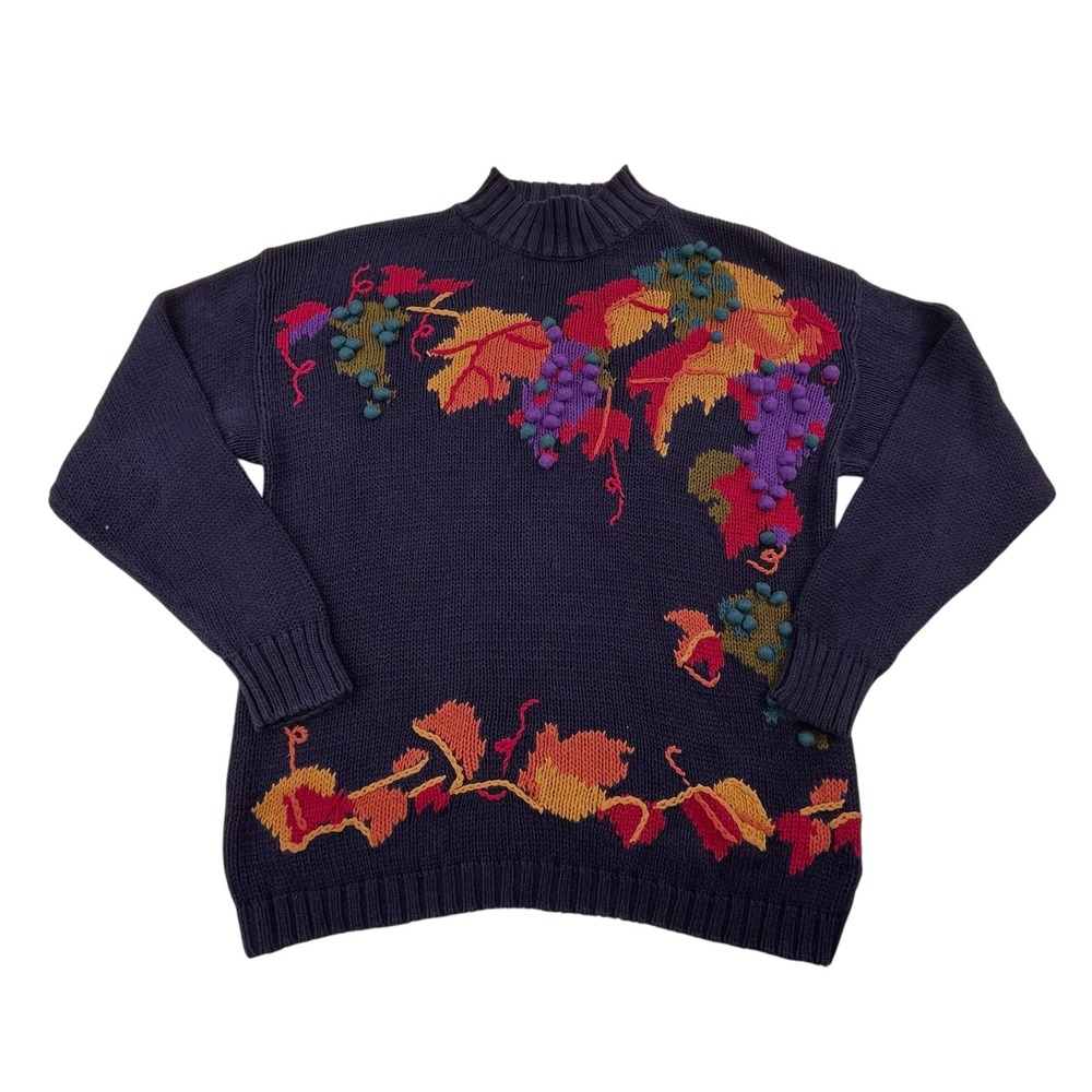 Golden Isle Vintage Hand Knitted 3D Grape Leaf Fall Grandma Navy Sweater 18W